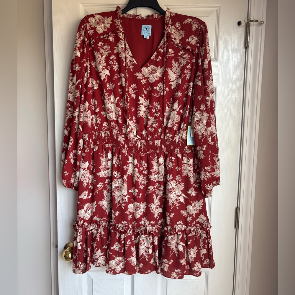 CeCe Red Floral Long Sleeve Tiered Dress